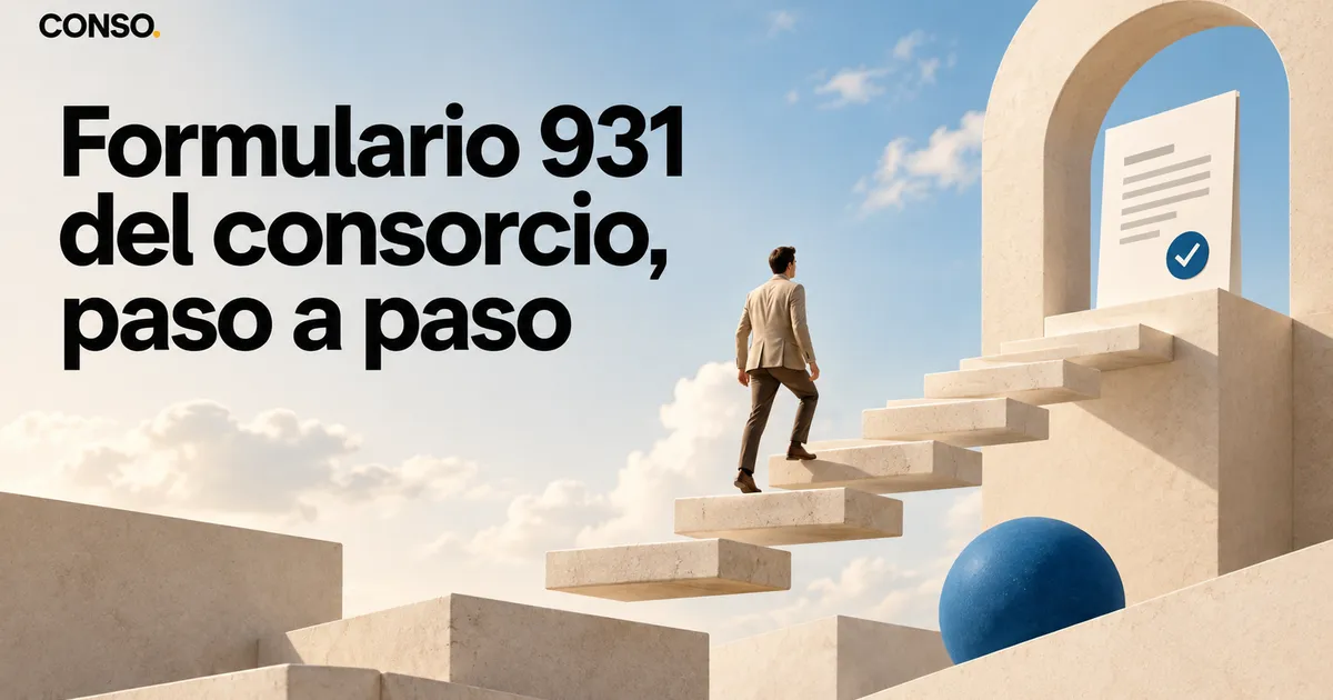 Formulario 931 del consorcio, paso a paso — un hombre sube una escalera de piedra hacia un formulario con una tilde de aprobado.