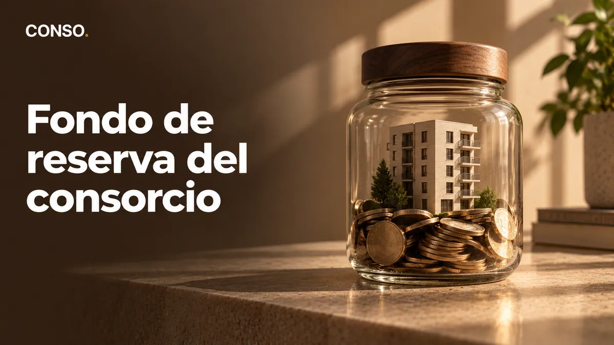 Fondo de reserva del consorcio — un frasco con monedas y la maqueta de un edificio adentro.