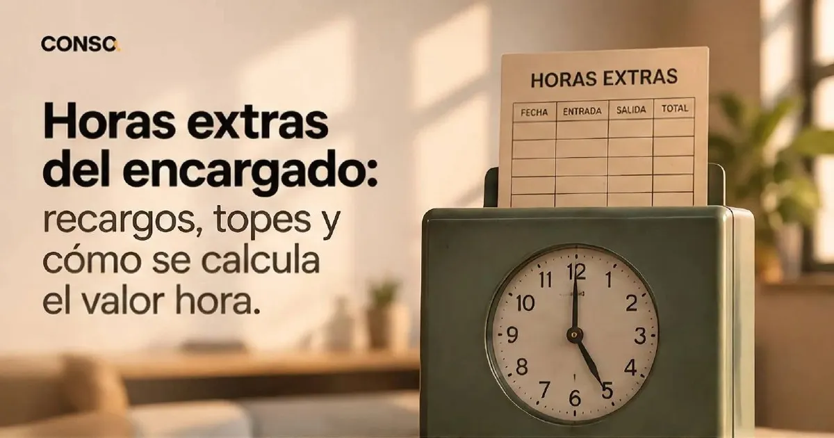 Horas extras del encargado — un reloj fichero con una planilla de horas extras con columnas de fecha, entrada, salida y total.
