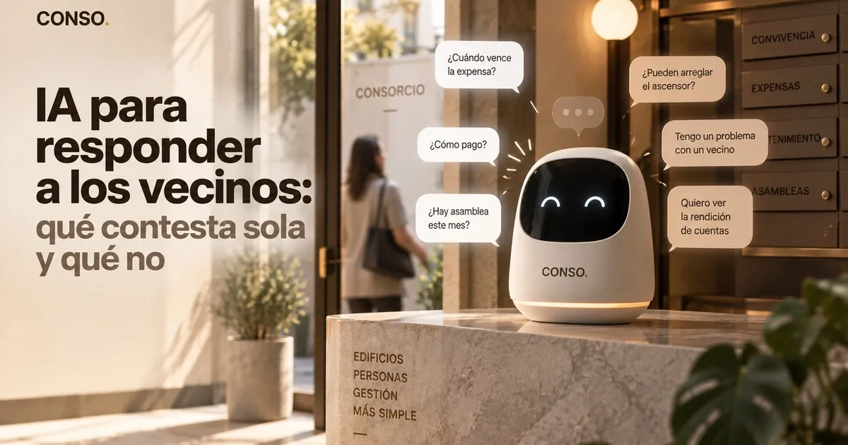 IA para responder a los vecinos — un robot en el hall del edificio rodeado de globos con las preguntas más frecuentes de los vecinos.