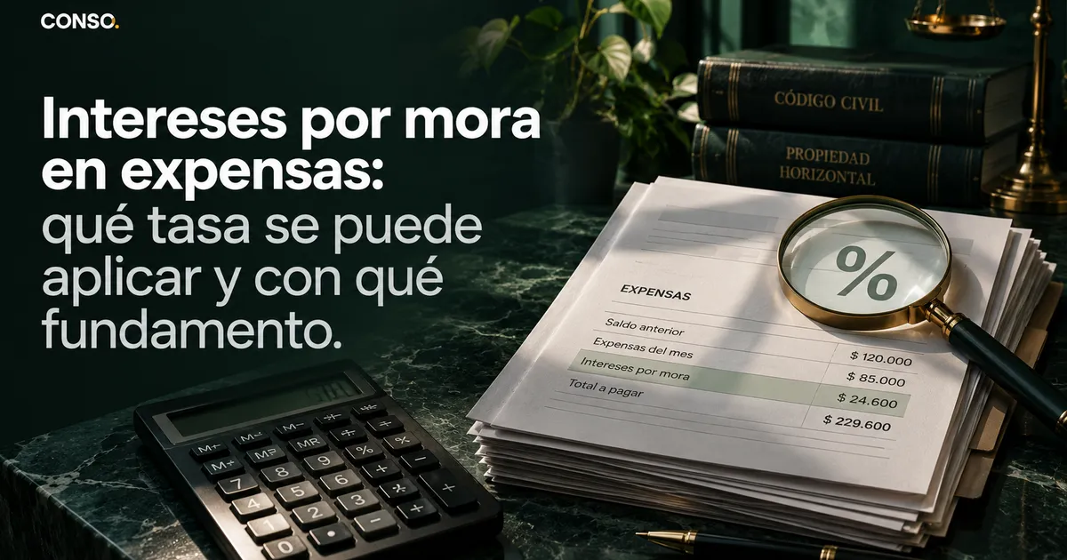 Intereses por mora en expensas: qué tasa se puede aplicar y con qué fundamento — hoja de expensas con montos junto a una lupa con un símbolo de porcentaje, una calculadora y libros de derecho.