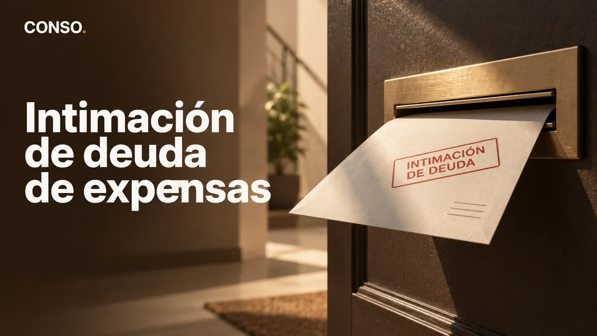 Intimación de deuda de expensas — un sobre con el sello «Intimación de deuda» asomando del buzón de un departamento.