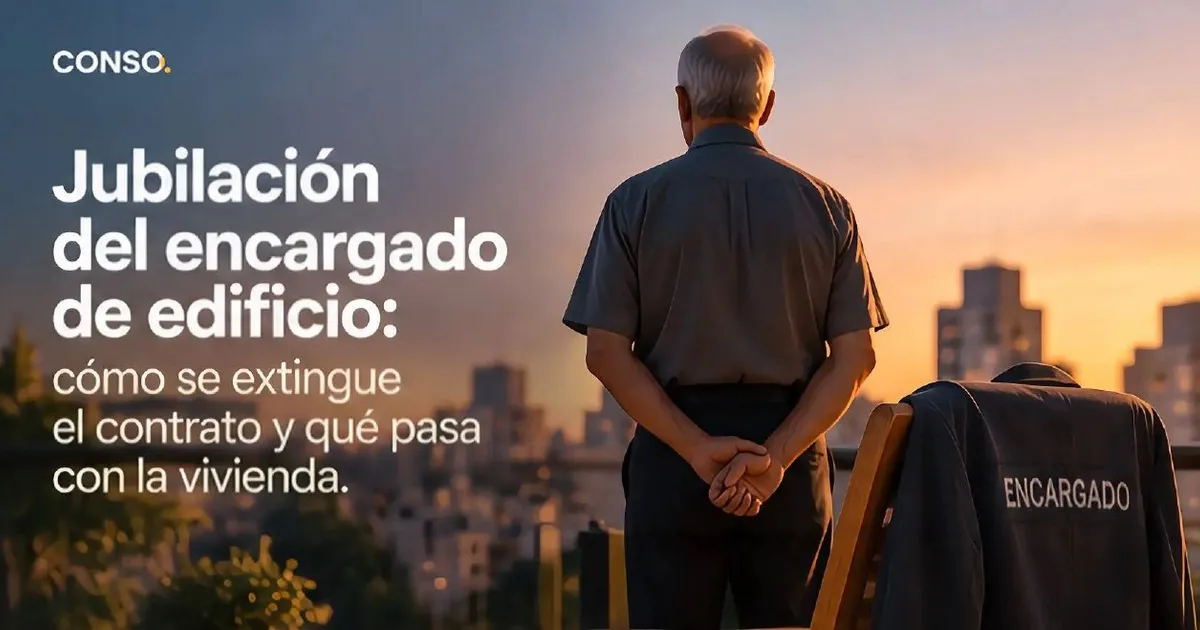 Jubilación del encargado de edificio — un hombre mayor, de espaldas, mira la ciudad al atardecer junto a una silla con la campera de «Encargado».