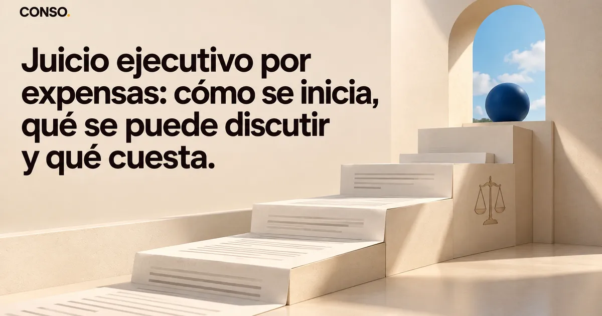 Juicio ejecutivo por expensas: cómo se inicia, qué se puede discutir y qué cuesta — una escalera de hojas de papel sube hacia un pedestal con una balanza grabada y una esfera azul.
