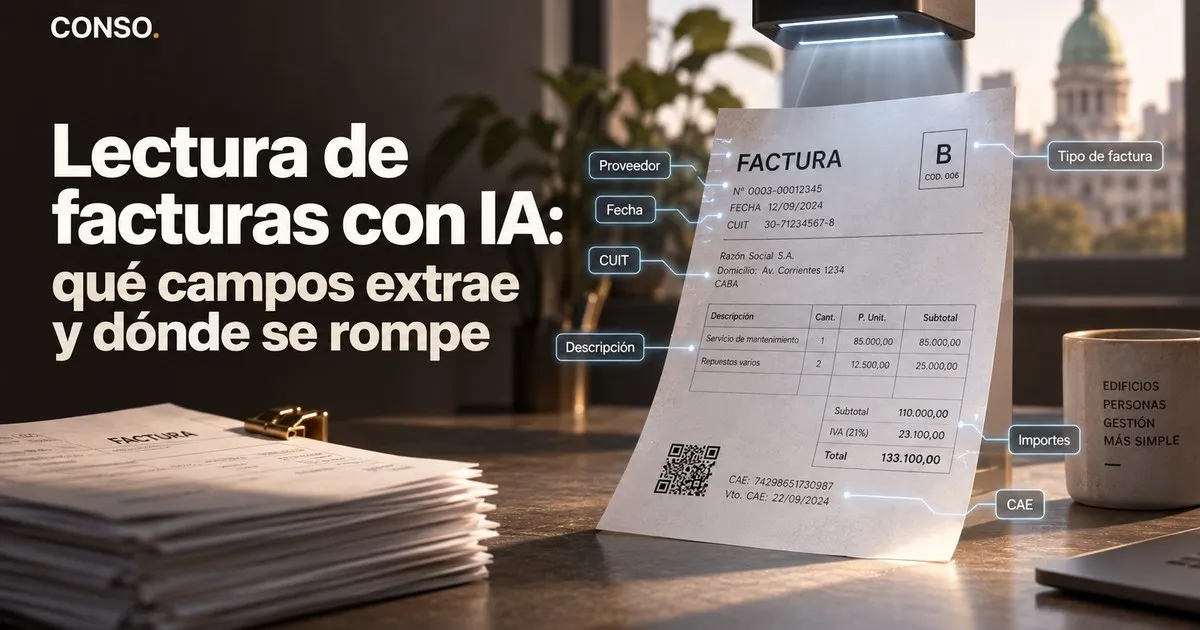 Lectura de facturas con IA — una factura escaneada con etiquetas que señalan proveedor, fecha, CUIT, descripción, importes, tipo de factura y CAE.