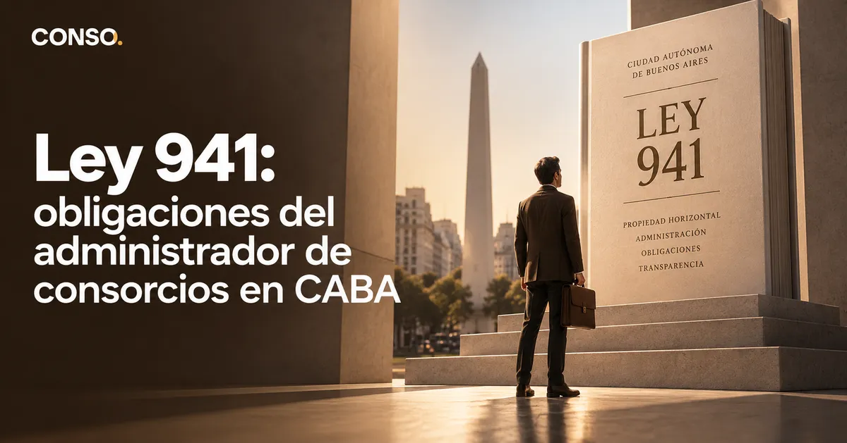 Ley 941: qué obligaciones tiene el administrador en CABA — un administrador frente a un monolito con la Ley 941 y el Obelisco de fondo.