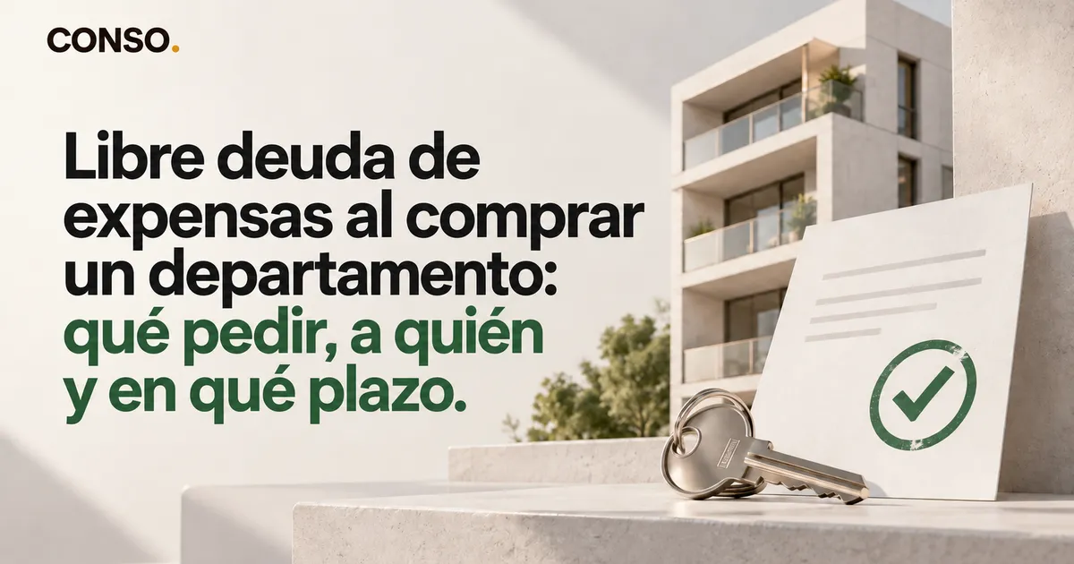 Libre deuda de expensas al comprar un departamento: qué pedir, a quién y en qué plazo — un juego de llaves apoyado junto a un documento con un tilde verde, frente a un edificio.