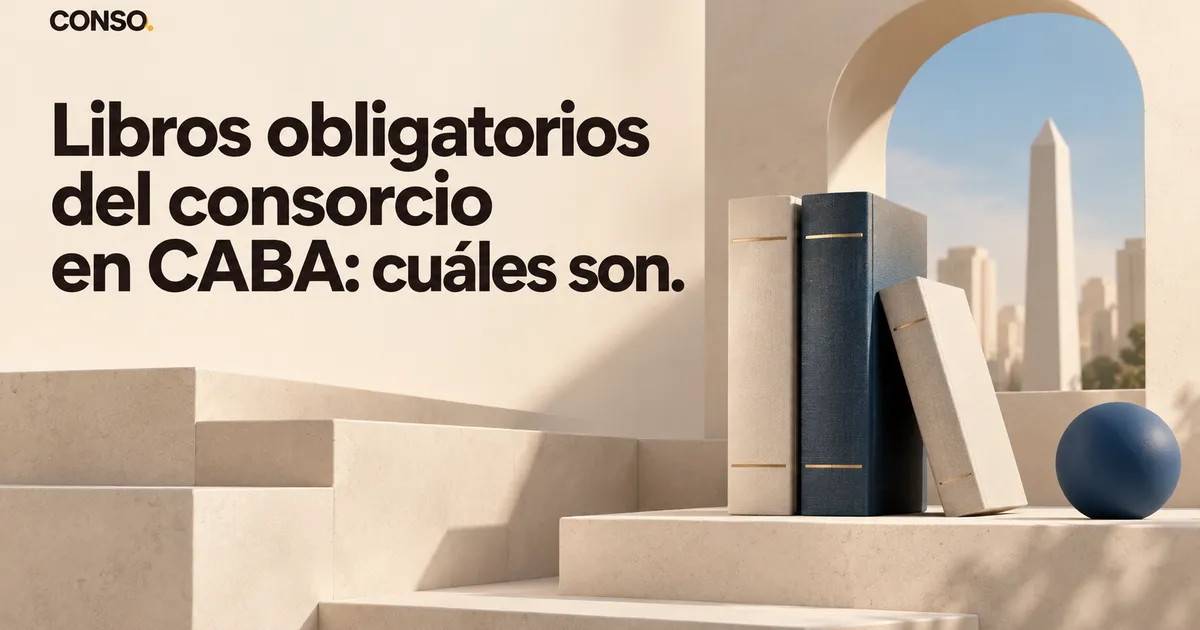 Libros obligatorios del consorcio en CABA: cuáles son — tres libros de tapa dura sobre escalones de piedra junto a una esfera azul, con un obelisco visible a través de un arco.