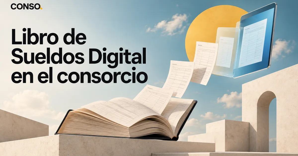 Libro de Sueldos Digital en el consorcio — hojas que salen de un libro abierto y pasan a una tablet, sobre un cielo con un sol amarillo.