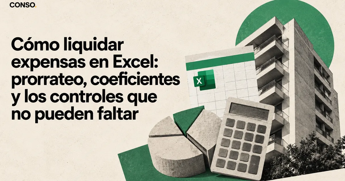 Cómo liquidar expensas en Excel — collage con una planilla de Excel, un gráfico de torta, una calculadora y un edificio.