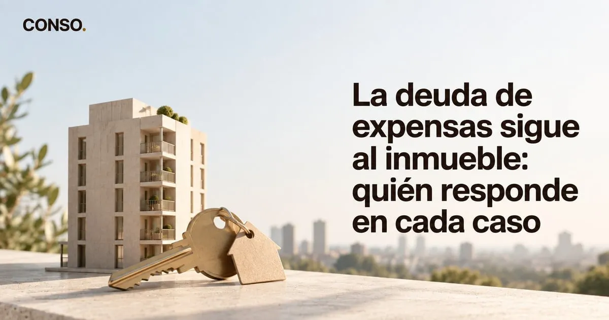 La deuda de expensas sigue al inmueble — una llave con llavero en forma de casa apoyada sobre un parapeto, con la maqueta de un edificio detrás.