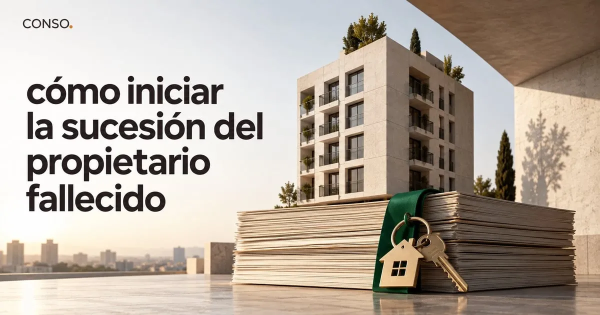 Cómo iniciar la sucesión del propietario fallecido — un juego de llaves con llavero de casa sobre una pila de expedientes, con un edificio de fondo.