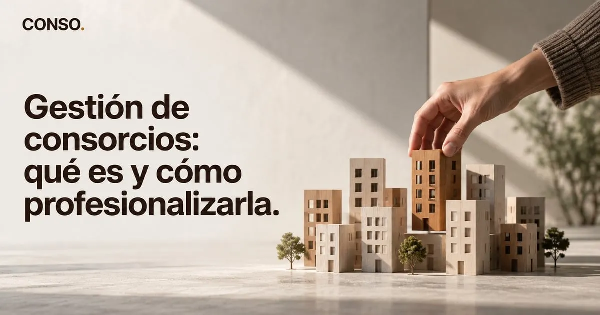 Gestión de consorcios — una mano levanta un edificio de madera de entre las maquetas de un barrio en miniatura.