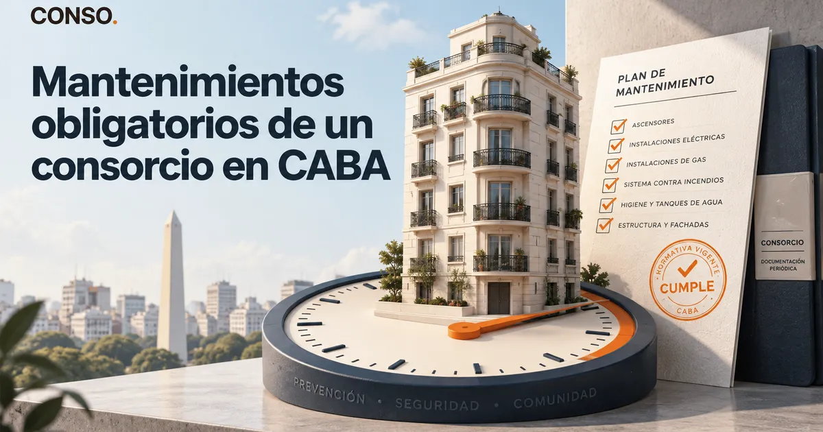 Mantenimientos obligatorios de un consorcio en CABA — un edificio porteño sobre un gran reloj, con el Obelisco de fondo y un plan de mantenimiento con ascensores, electricidad, gas, incendio, tanques y fachadas tildados.