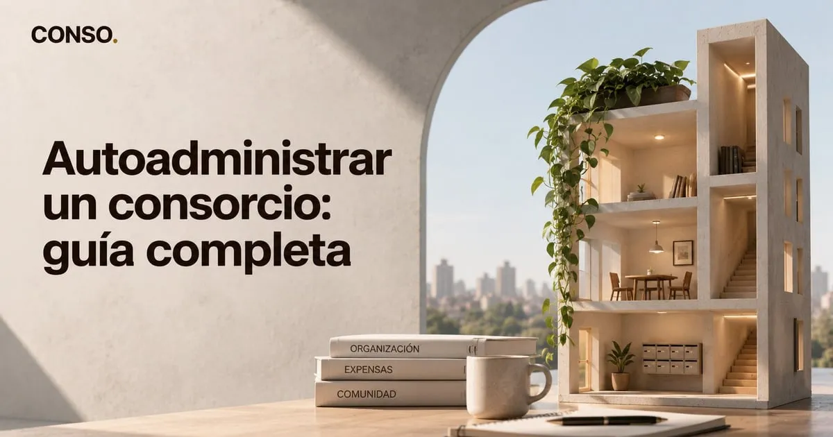 Autoadministrar un consorcio — la maqueta de un edificio en corte sobre un escritorio, junto a tres libros rotulados organización, expensas y comunidad.