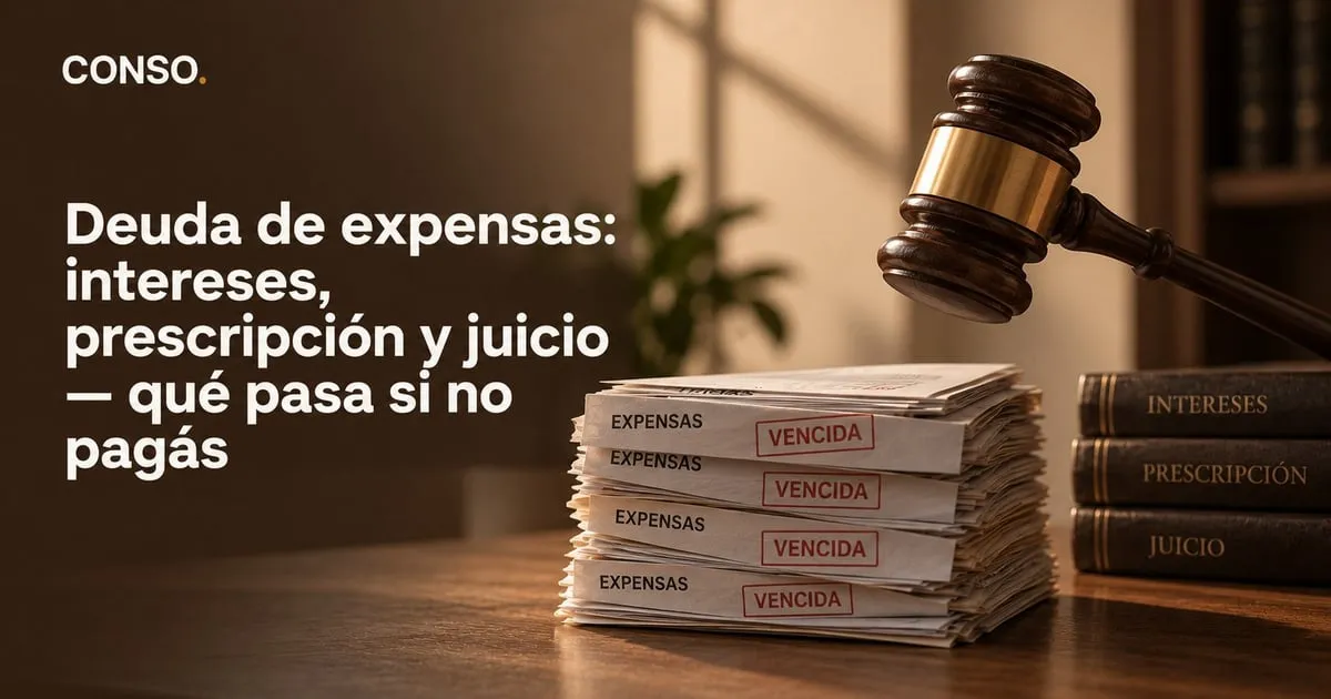 Deuda de expensas — un mazo de juez junto a una pila de expensas selladas como vencidas y tres tomos rotulados intereses, prescripción y juicio.