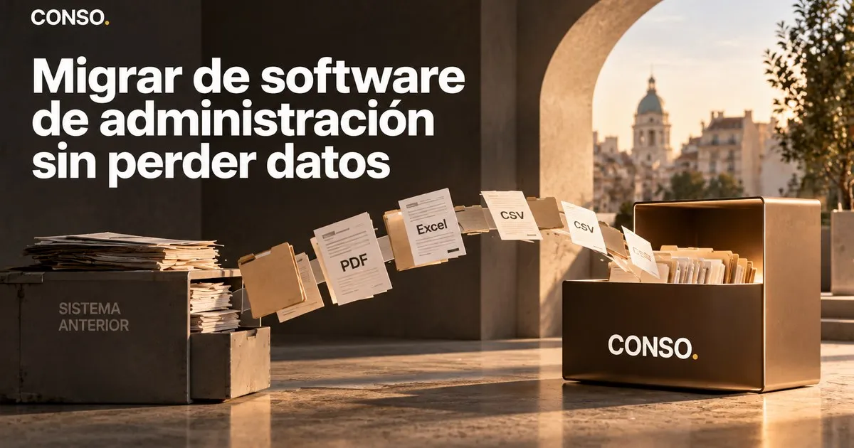 Migrar de software de administración sin perder datos — carpetas y archivos PDF, Excel y CSV que vuelan de una caja rotulada sistema anterior a una caja de CONSO.