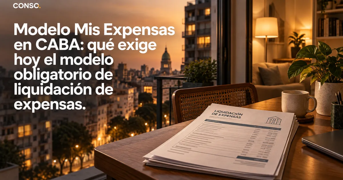 Modelo Mis Expensas en CABA: qué exige hoy el modelo obligatorio de liquidación de expensas — hoja de "Liquidación de expensas" sobre una mesa, con vista nocturna a la ciudad de fondo.