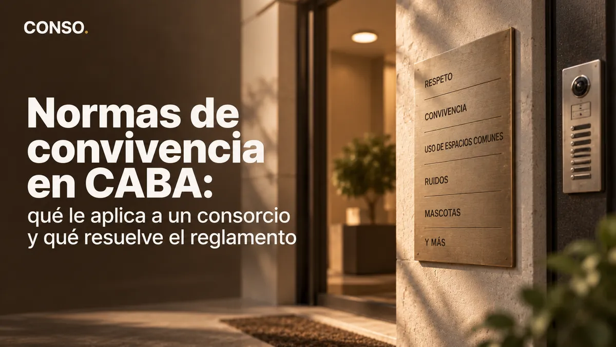 Normas de convivencia en CABA: qué le aplica a un consorcio y qué resuelve el reglamento — cartel en el hall del edificio con respeto, convivencia, uso de espacios comunes, ruidos y mascotas.