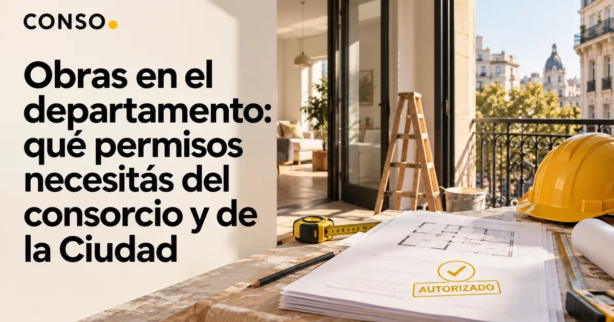 Obras en el departamento: qué permisos necesitás del consorcio y de la Ciudad — un plano sellado "AUTORIZADO" sobre una mesa de obra con casco amarillo, escalera y balcón con vista a edificios.