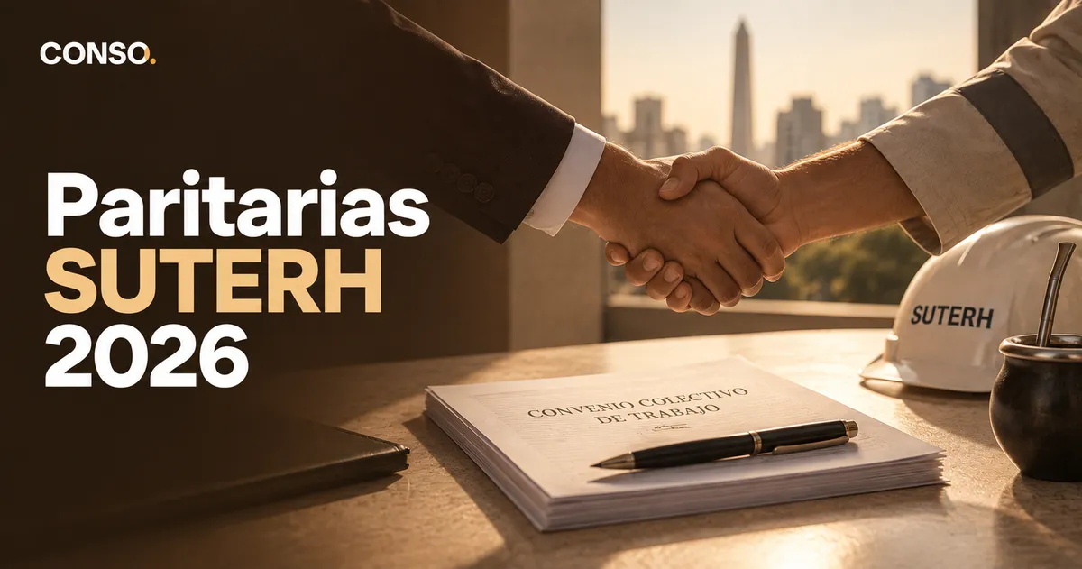 Paritarias SUTERH 2026 — apretón de manos sobre el convenio colectivo de trabajo, con un casco del SUTERH al lado.