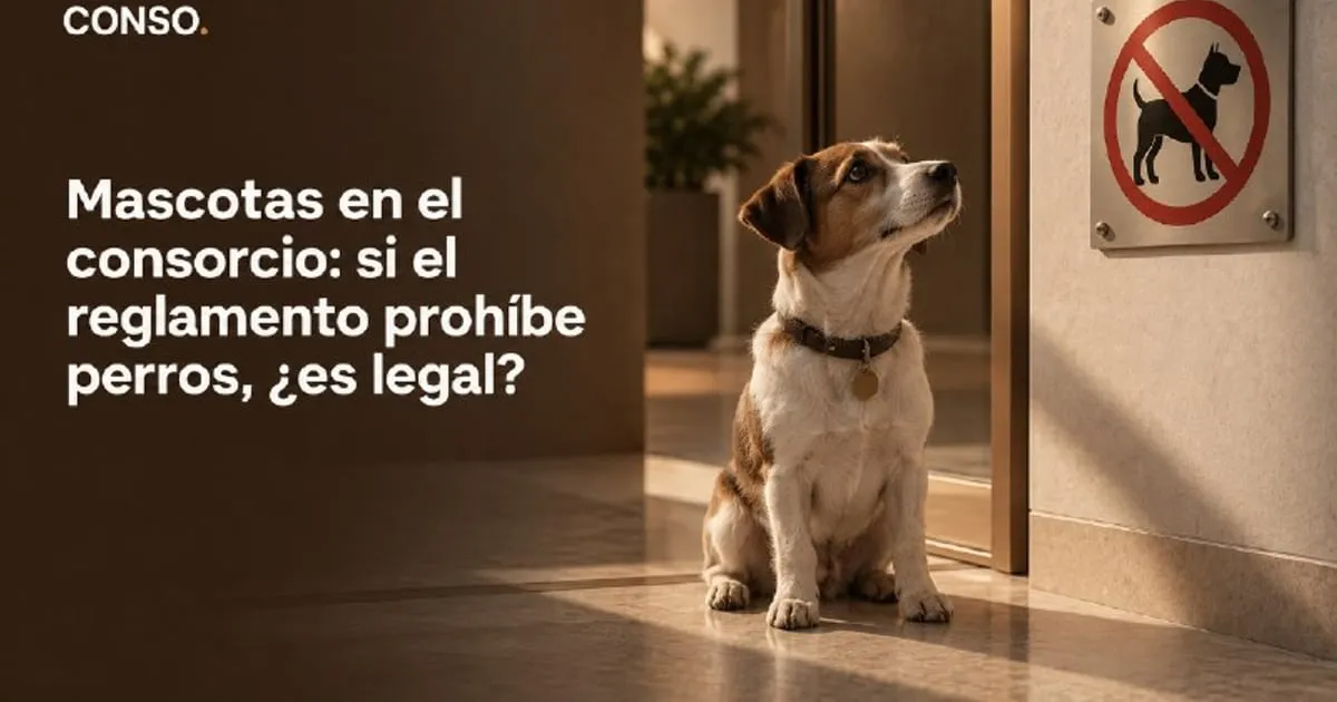 Mascotas en el consorcio — un perro sentado en el palier del edificio, junto al cartel que prohíbe el ingreso de perros.
