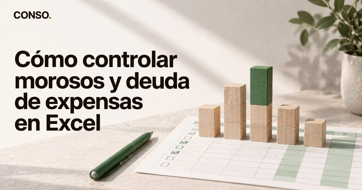 Cómo controlar morosos y deuda de expensas en Excel — una planilla impresa con una birome al lado y bloques de madera que forman un gráfico de barras.