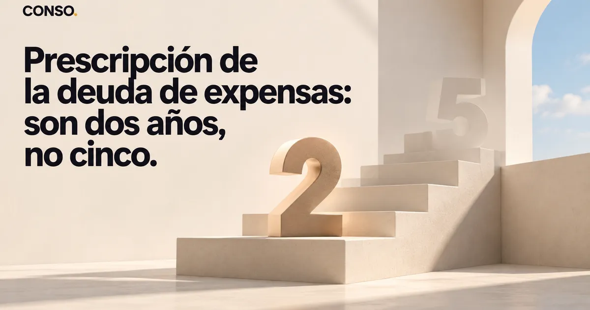 Prescripción de la deuda de expensas: son dos años, no cinco — un número 2 de piedra sólido en primer plano y un número 5 translúcido detrás, sobre una escalinata.