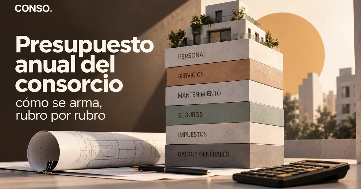 Presupuesto anual del consorcio — un edificio apilado en bloques de personal, servicios, mantenimiento, seguros, impuestos y gastos generales, junto a unos planos y una calculadora.