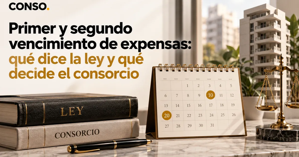 Primer y segundo vencimiento de expensas: qué dice la ley y qué decide el consorcio — dos libros LEY y CONSORCIO junto a un calendario con los días 10 y 20 marcados y una balanza dorada.
