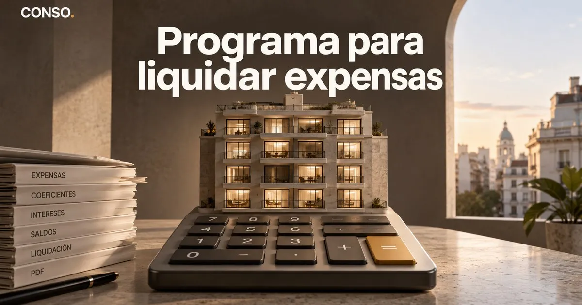 Programa para liquidar expensas — una calculadora con la maqueta de un edificio encima y una pila de carpetas rotuladas expensas, coeficientes, intereses, saldos, liquidación y PDF.