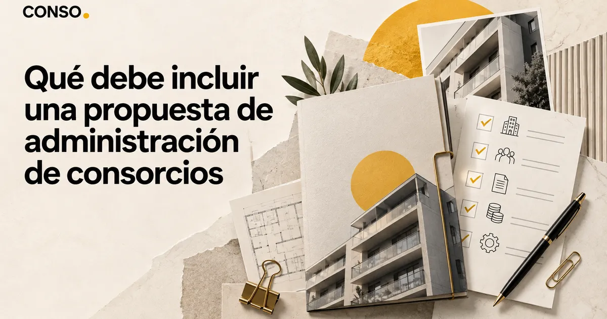 Qué debe incluir una propuesta de administración de consorcios — collage con fotos de un edificio, un plano y una lista con íconos tildados de edificio, personas, documentos y dinero.