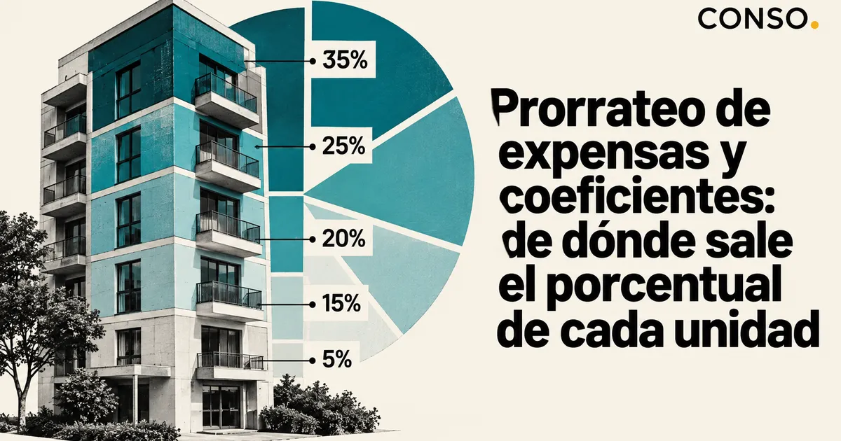 Prorrateo de expensas y coeficientes: de dónde sale el porcentual de cada unidad — edificio en blanco y negro junto a un gráfico circular con porcentajes de 35%, 25%, 20%, 15% y 5%.