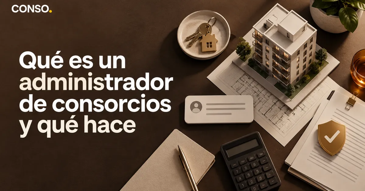 Qué es un administrador de consorcios y qué hace — una maqueta de edificio junto a planos, llaves, una tarjeta de identificación, calculadora y un escudo con tilde sobre documentos.