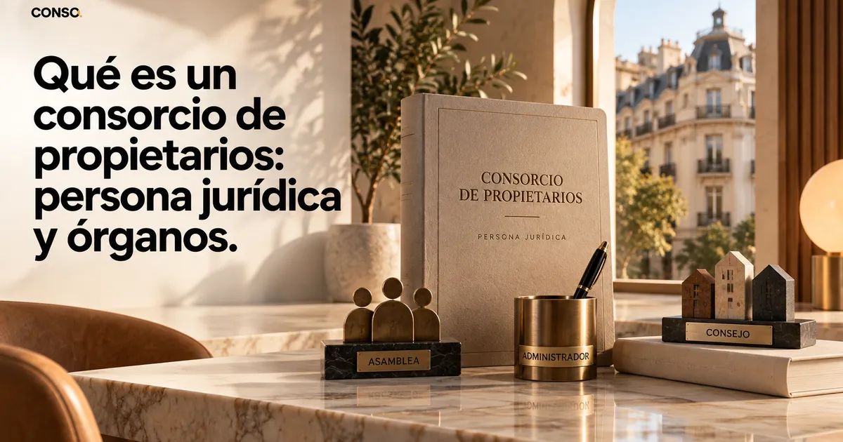 Qué es un consorcio de propietarios: persona jurídica y órganos — un libro titulado "Consorcio de propietarios" junto a figuras con carteles Asamblea, Administrador y Consejo sobre un escritorio.