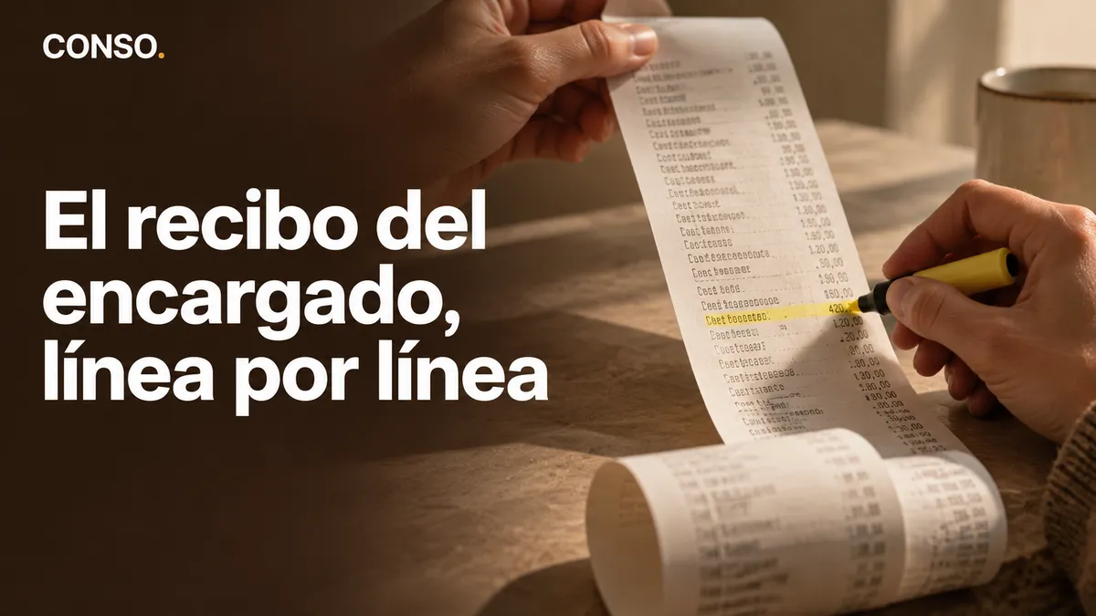 El recibo del encargado, línea por línea — dos manos resaltan con marcador un renglón del recibo de sueldo impreso.