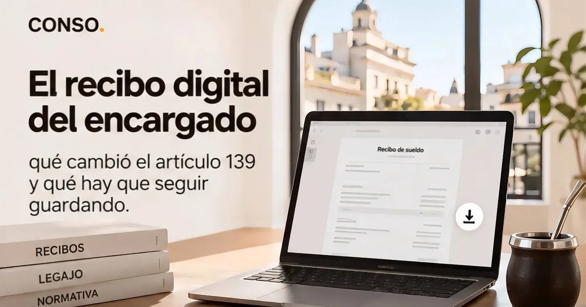 El recibo digital del encargado — una notebook con un recibo de sueldo listo para descargar, junto a carpetas de recibos, legajo y normativa y un mate.