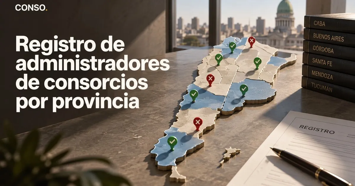 Registro de administradores de consorcios por provincia — un mapa en relieve de la Argentina con pines verdes y rojos, junto a tomos rotulados CABA, Buenos Aires, Córdoba, Santa Fe, Mendoza y Tucumán.