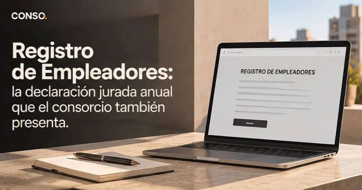 Registro de Empleadores — una notebook con el formulario del Registro de Empleadores abierto, junto a un cuaderno y una lapicera.