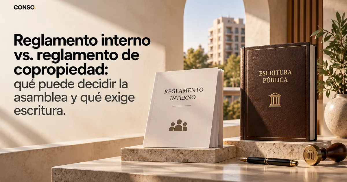 Reglamento interno vs. reglamento de copropiedad: qué decide la asamblea y qué exige escritura — un cuadernillo "Reglamento interno" junto a un libro "Escritura pública" con un sello, sobre piedra.