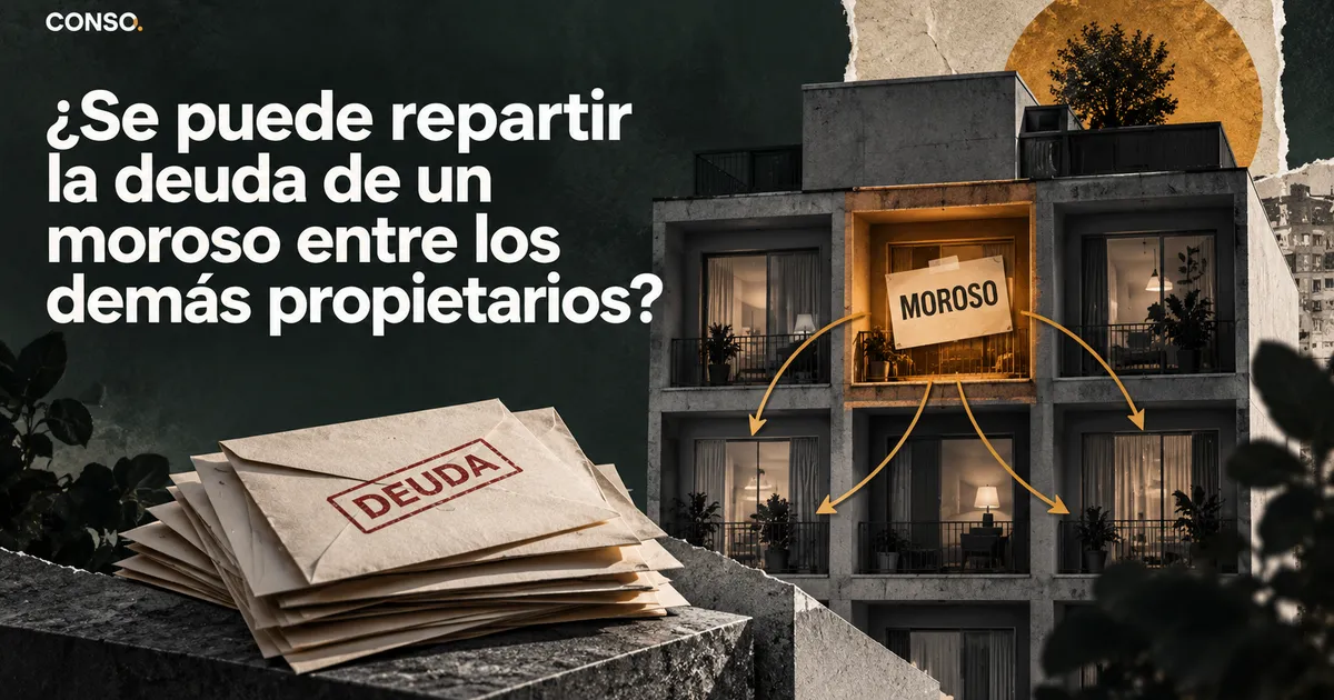 ¿Se puede repartir la deuda de un moroso entre los demás propietarios? — un balcón iluminado con el cartel "MOROSO" y flechas hacia otros balcones, sobre sobres sellados "DEUDA".