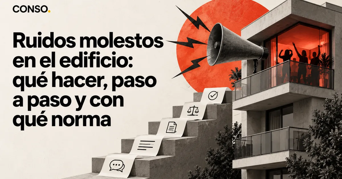 Ruidos molestos en el edificio: qué hacer, paso a paso y con qué norma — un megáfono emite rayos junto a un balcón con siluetas de gente de fiesta, sobre una escalera con íconos de reclamo.