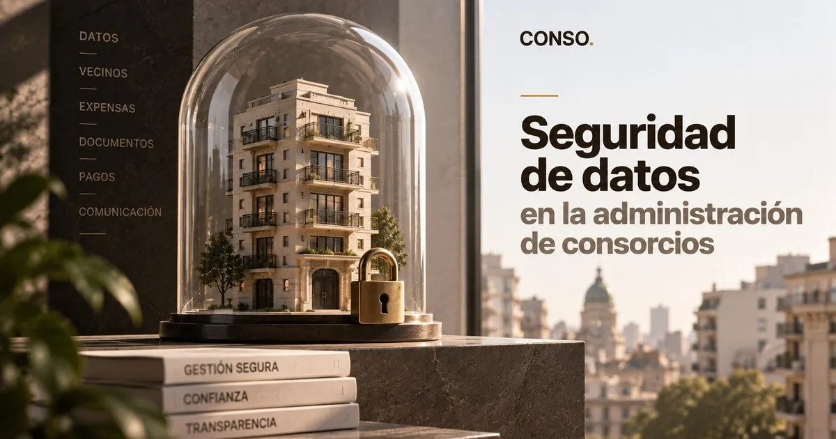 Seguridad de datos en la administración de consorcios — la maqueta de un edificio bajo una campana de vidrio con un candado, sobre libros rotulados gestión segura, confianza y transparencia.