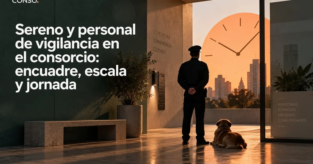 Sereno y personal de vigilancia en el consorcio — un vigilador de espaldas en el hall del edificio al atardecer, con un perro echado a su lado.