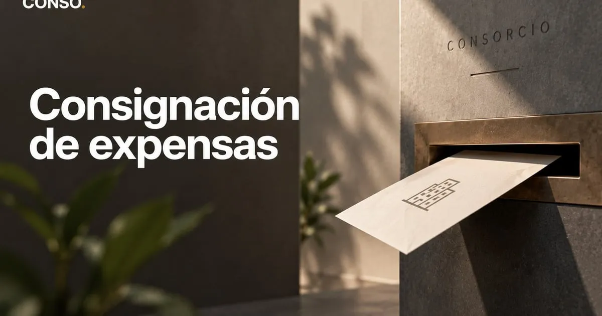 Consignación de expensas — un sobre entra en el buzón metálico del edificio, bajo el cartel Consorcio.