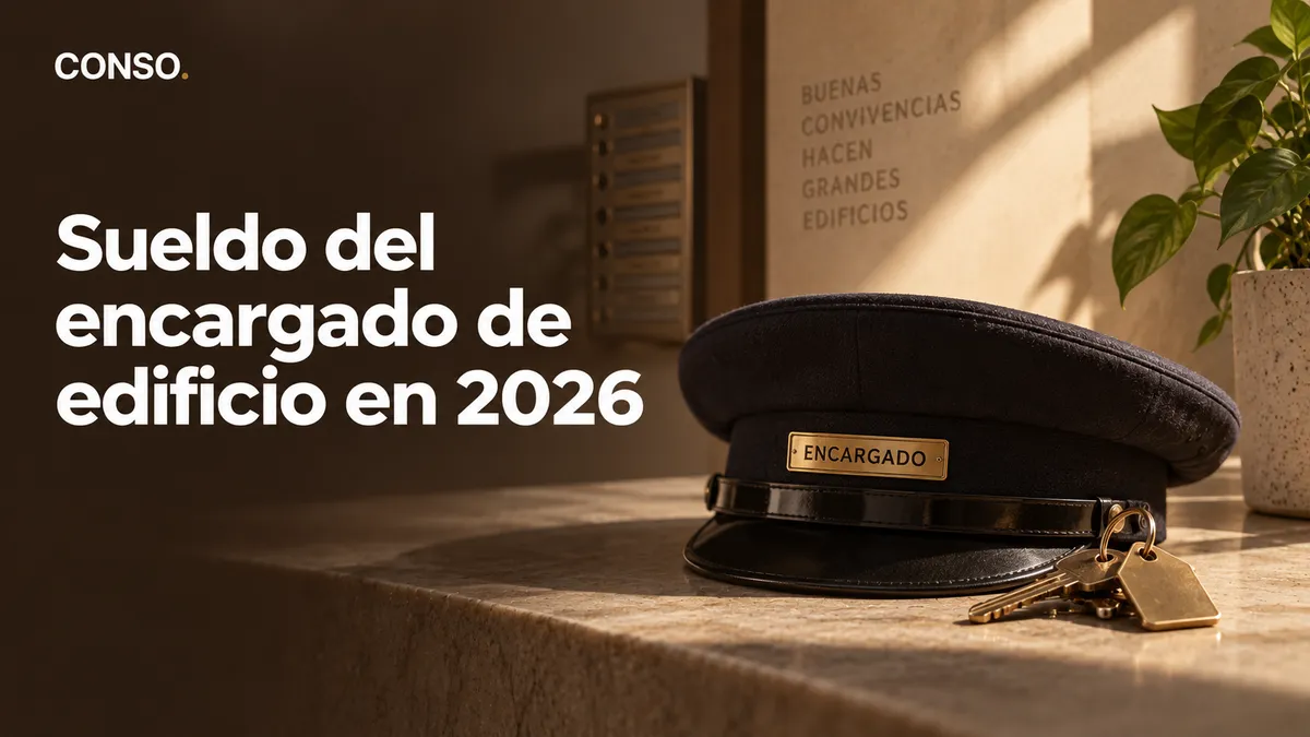 Sueldo del encargado de edificio en 2026 — la gorra del encargado con su chapa y las llaves del edificio sobre el mármol del hall.