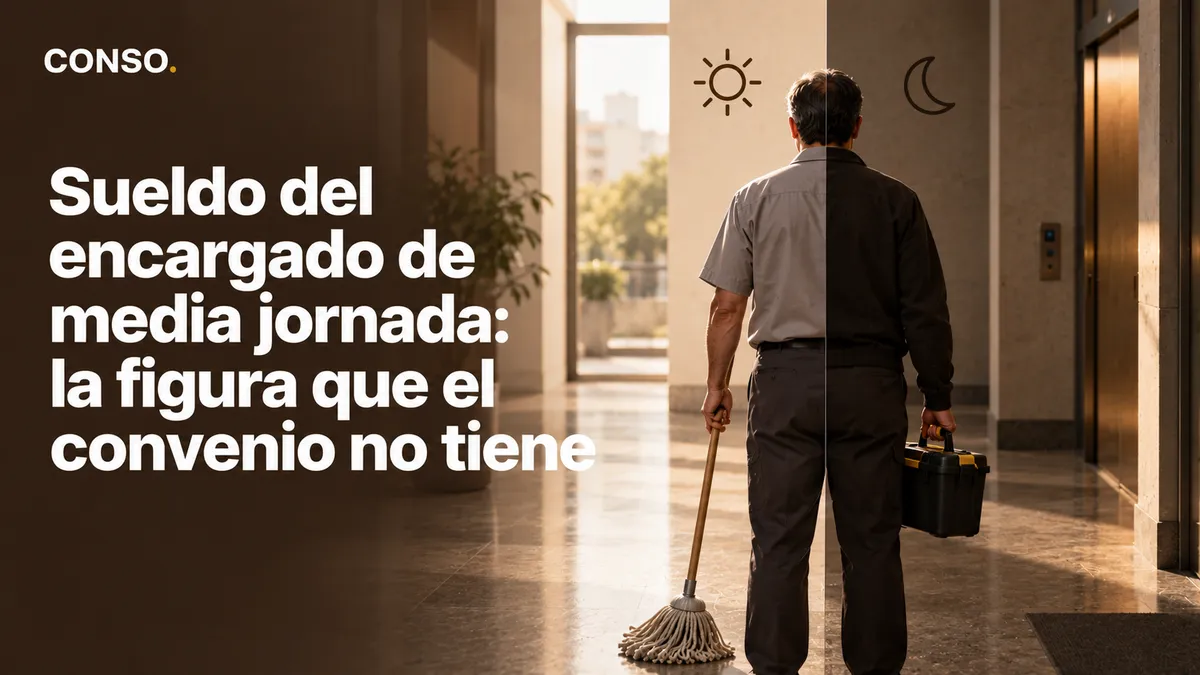 Sueldo del encargado de media jornada: la figura que el convenio no tiene — un encargado camina por el hall en una imagen partida entre el día y la noche.