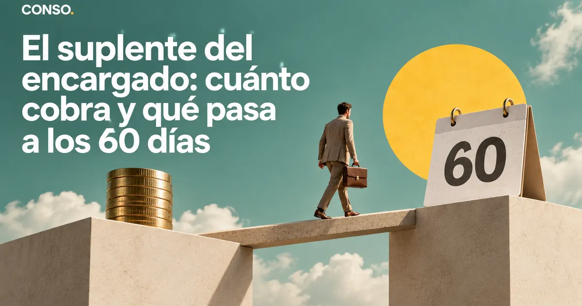 El suplente del encargado: cuánto cobra y qué pasa a los 60 días — un hombre con maletín cruza una pasarela entre una pila de monedas y un calendario que marca 60.