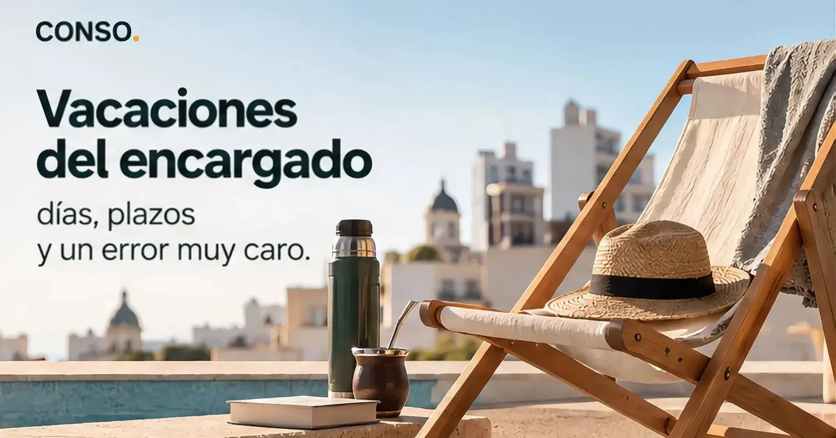 Vacaciones del encargado — una reposera con un sombrero de paja, un termo y un mate en una terraza con pileta y vista a la ciudad.
