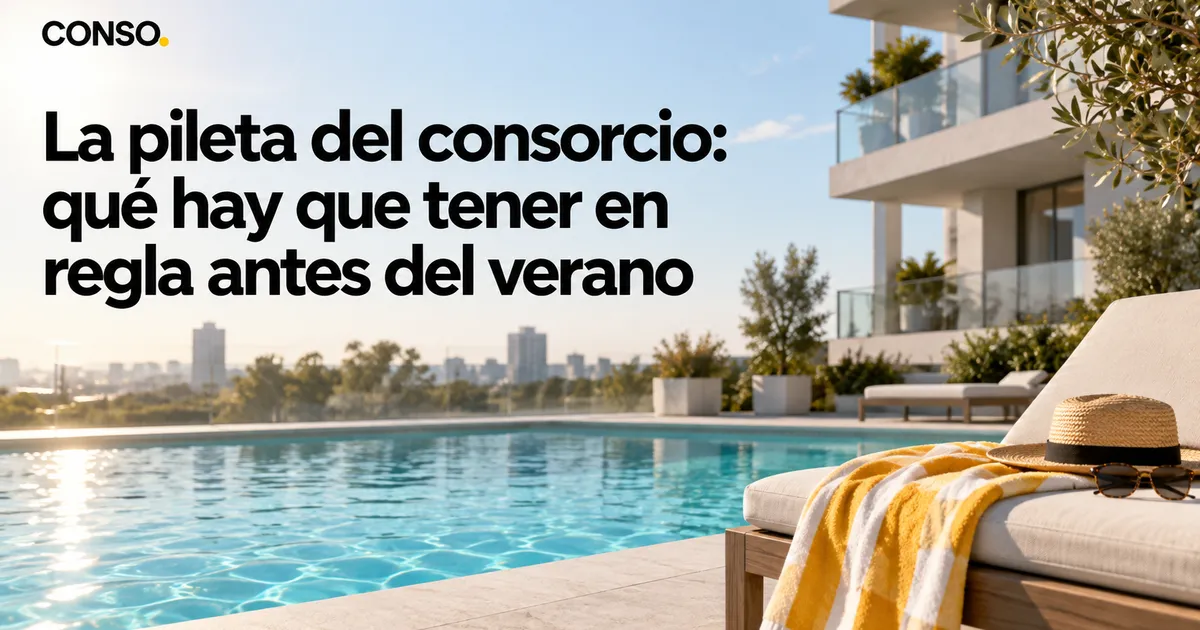 La pileta del consorcio: qué hay que tener en regla antes del verano — una pileta en la terraza de un edificio con reposera, toalla a rayas amarillas, sombrero de paja y anteojos de sol.